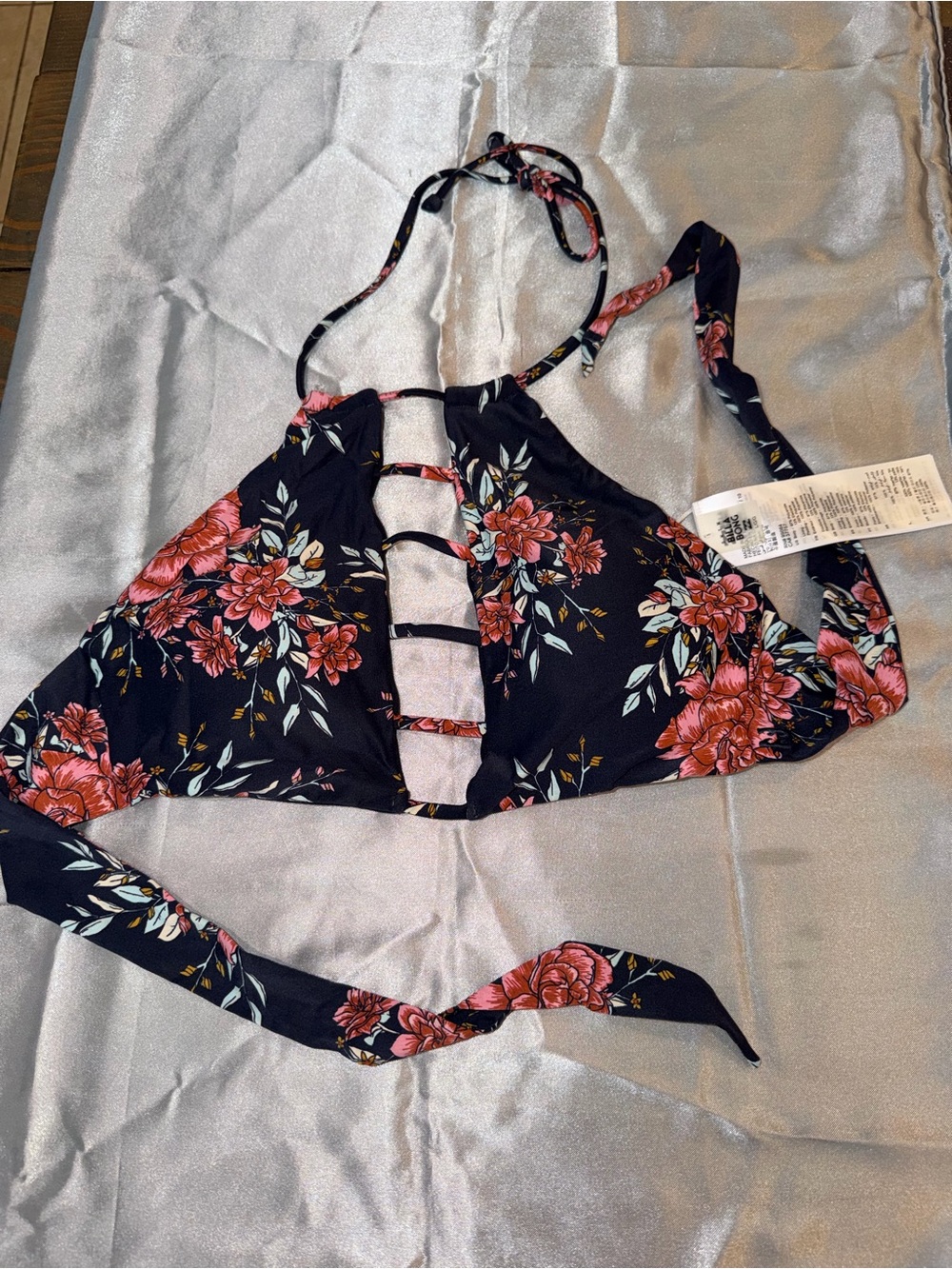 Billabong Floral Cutout Halter Bikini Top - Navy with Pink Flowers